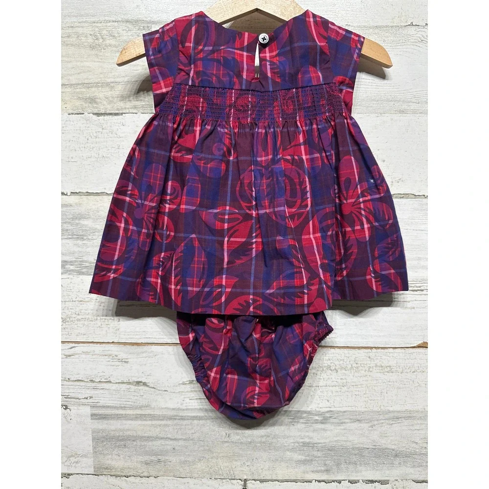 Tea Collection Dress Set Girls 3-6M Purple Pink Plaid Smocked Floral NWT